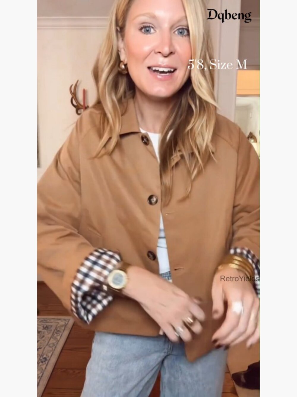 Short Trench Jacket Plaid Lining Button Front Lightweight Casual Outerwear with - Picture 7 of 7